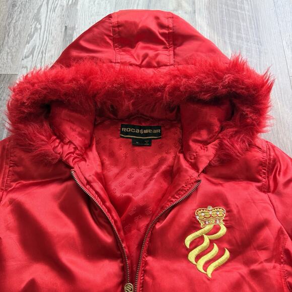 Y2K Puffy Jacket Womens Medium Red Puffer Faux Fur Hood Feather Winter Coat - Picture 3 of 14